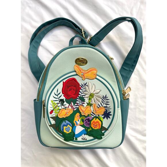 NWOT Disney Alice in Wonderland Singing Flowers Mini Backpack Teal Blue - Picture 1 of 4